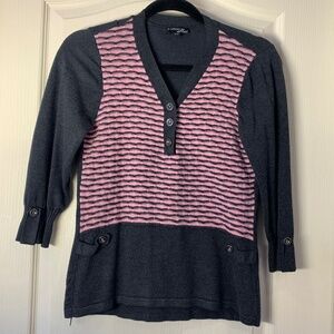 Les Collections Mat Pink & Grey Textured Knit Top Small | 3/4 Sleeve Button V